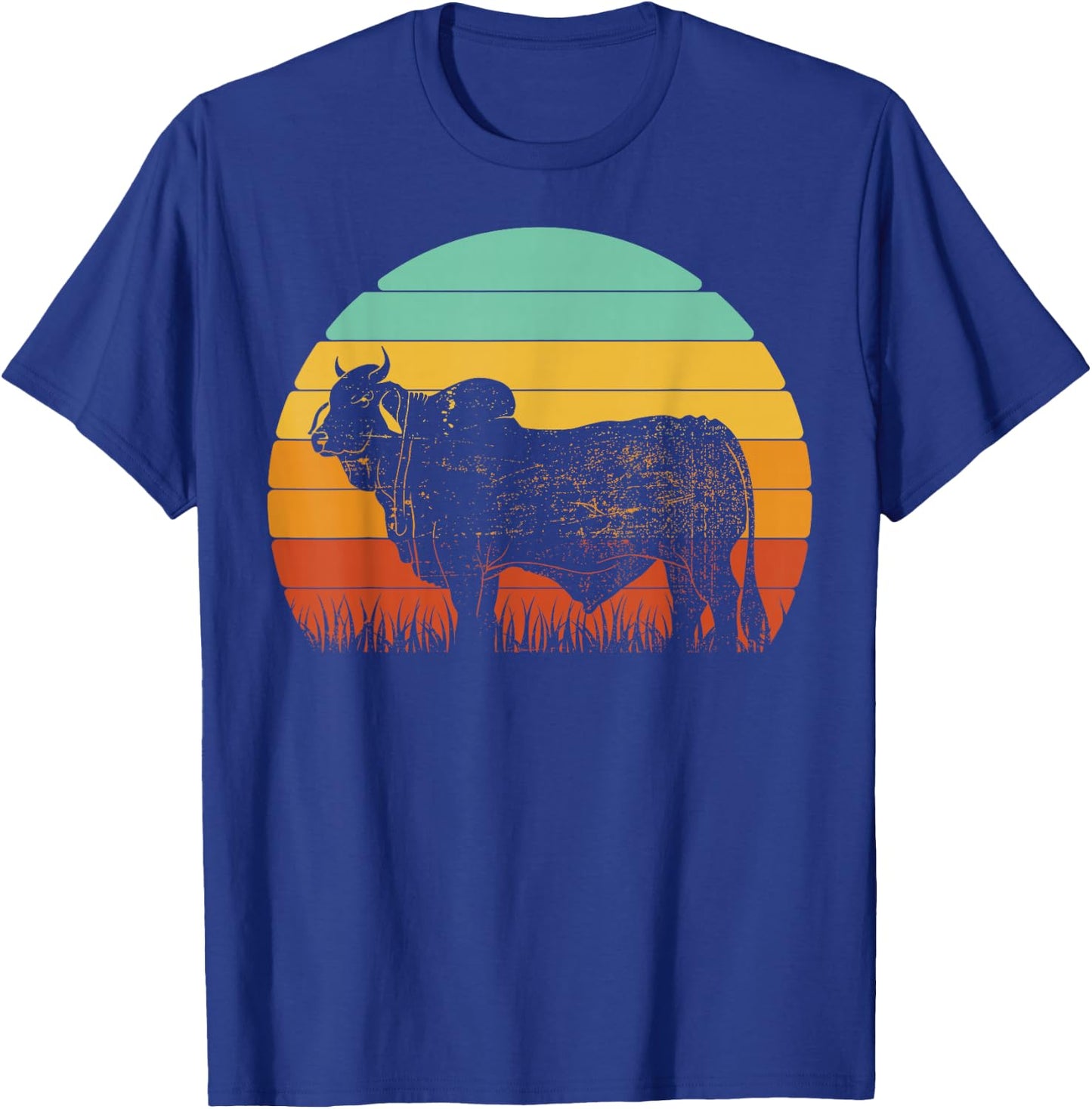Retro Sunset Cow Farmer Brahman Cattle T-Shirt - T-Shirt | Royal