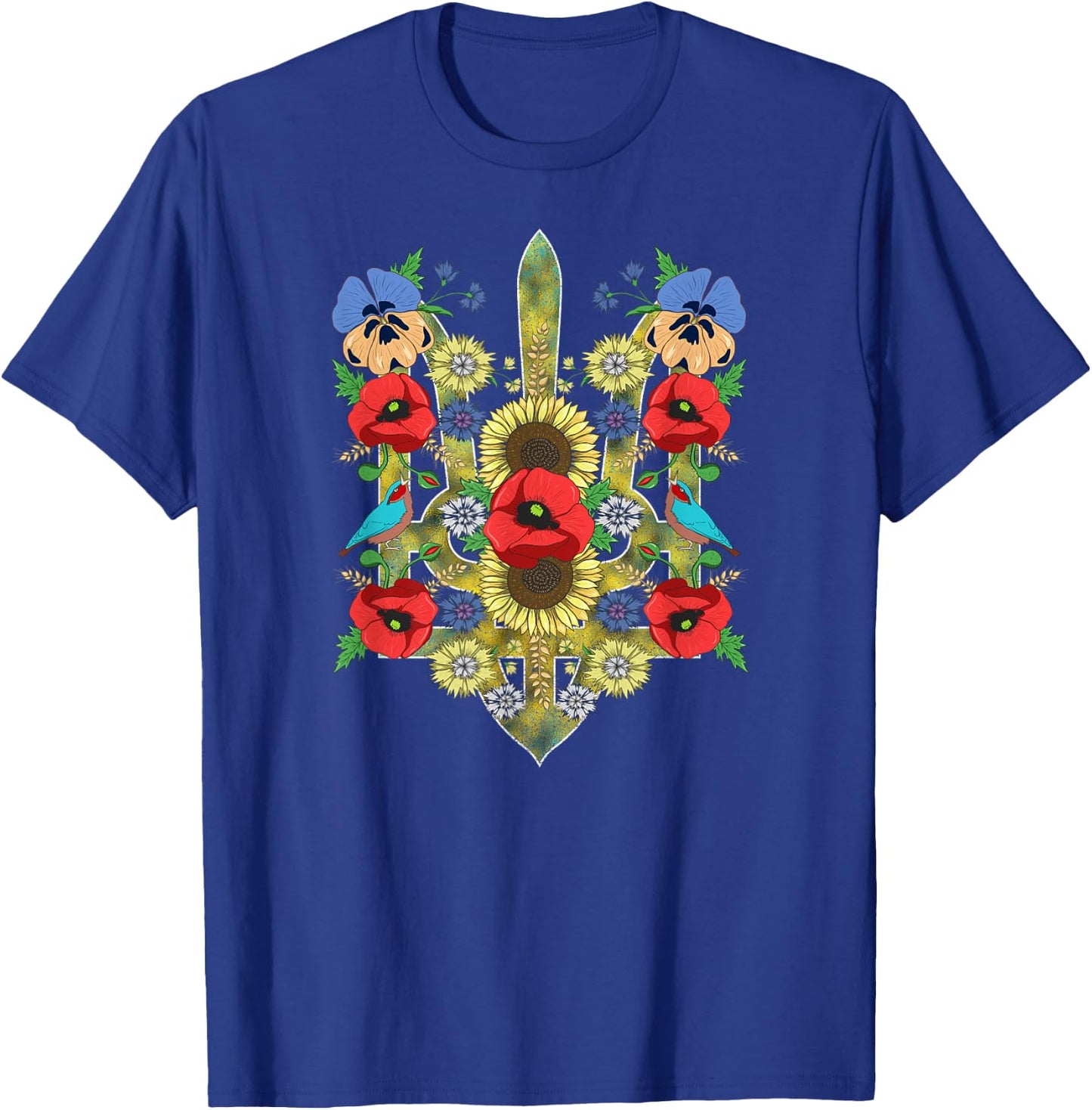Ukraine Birds Red Poppies Trysub Retro Ukrainian Vyshyvanka T-Shirt - T-Shirt | Royal