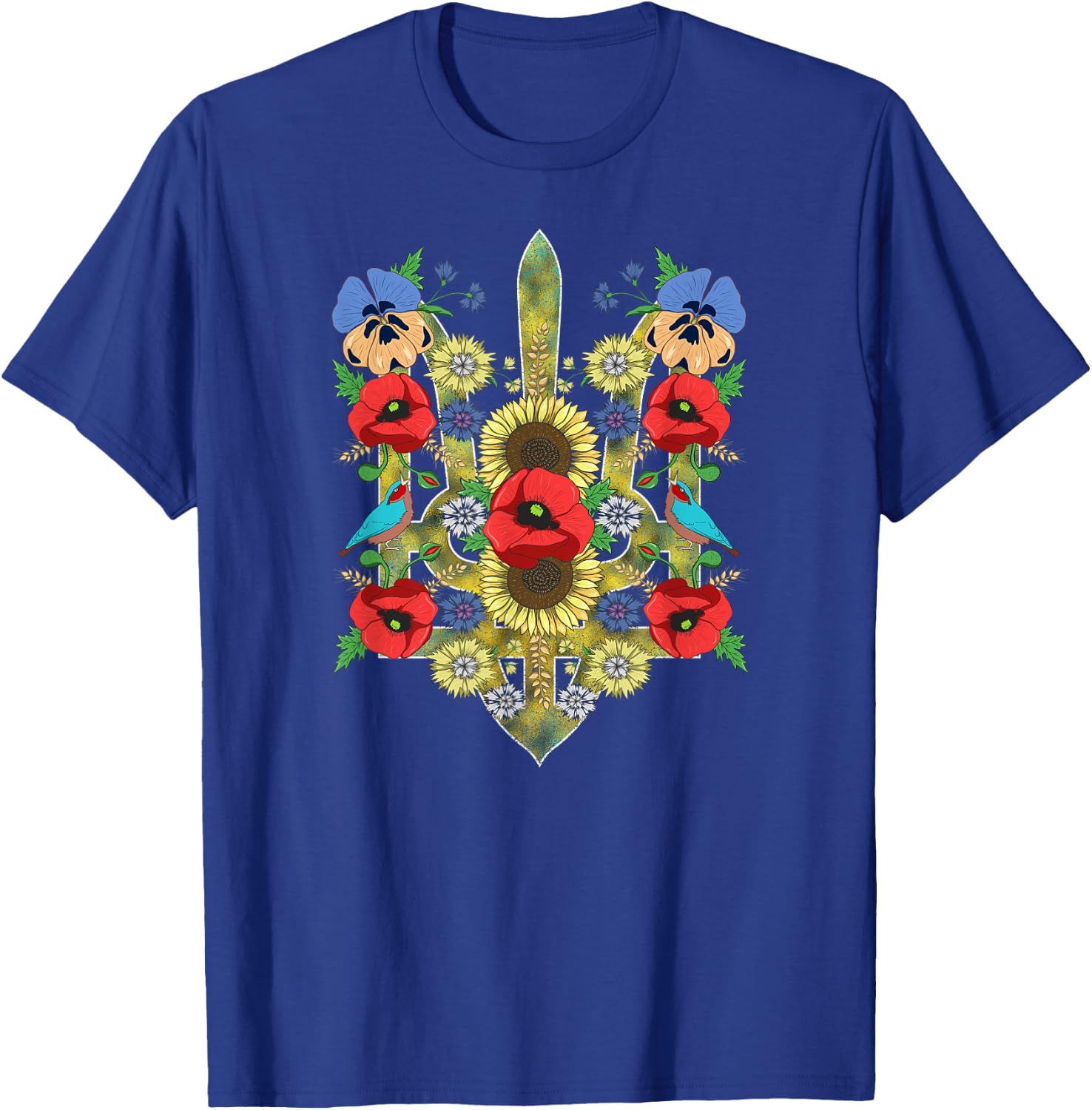 Ukraine Birds Red Poppies Trysub Retro Ukrainian Vyshyvanka T-Shirt - T-Shirt | Royal