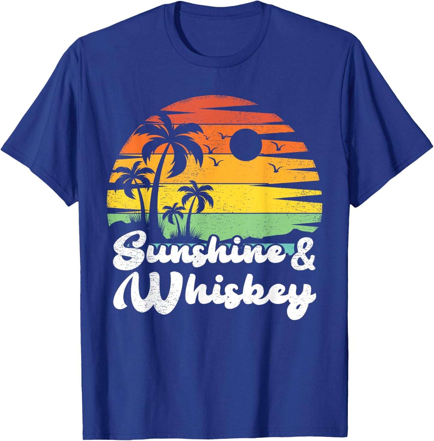 Palm Tree Vintage Sunset Sunshine And Whiskey Beach Vacation Men Women T-Shirt - T-Shirt | Royal
