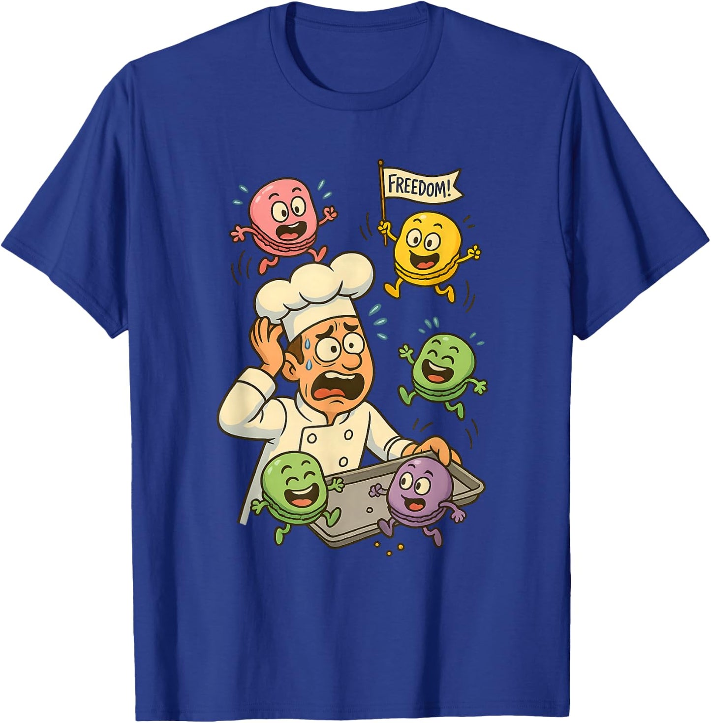 Funny Cartoon Chef & Escaping Macarons Baking Humor T-Shirt - T-Shirt | Royal