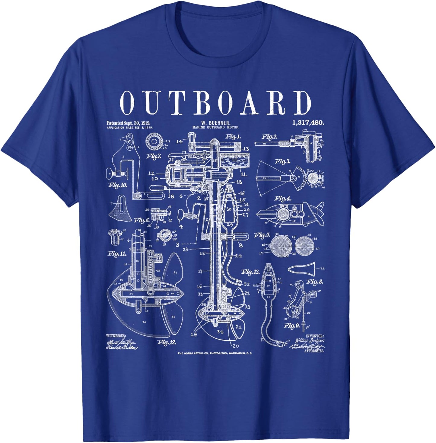 Fishing Boat Outboard Marine Motor Vintage Patent Print T-Shirt - T-Shirt | Royal