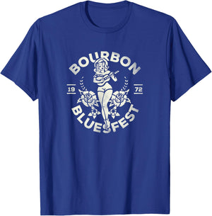 Bourbon Bluesfest 1972: Vintage Pinup Girl Playing Guitar T-Shirt - T-Shirt | Royal