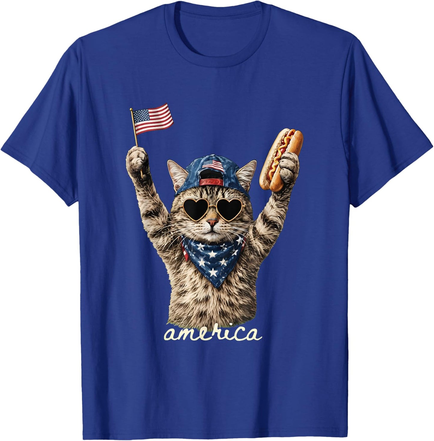 Funny America Cat Hot Dog Lovers Patriotic US Flag T-Shirt - T-Shirt | Royal