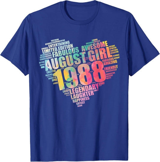 Legendary August Girl 1988 Awesome & Fabulous Big Heart T-Shirt - T-Shirt | Royal