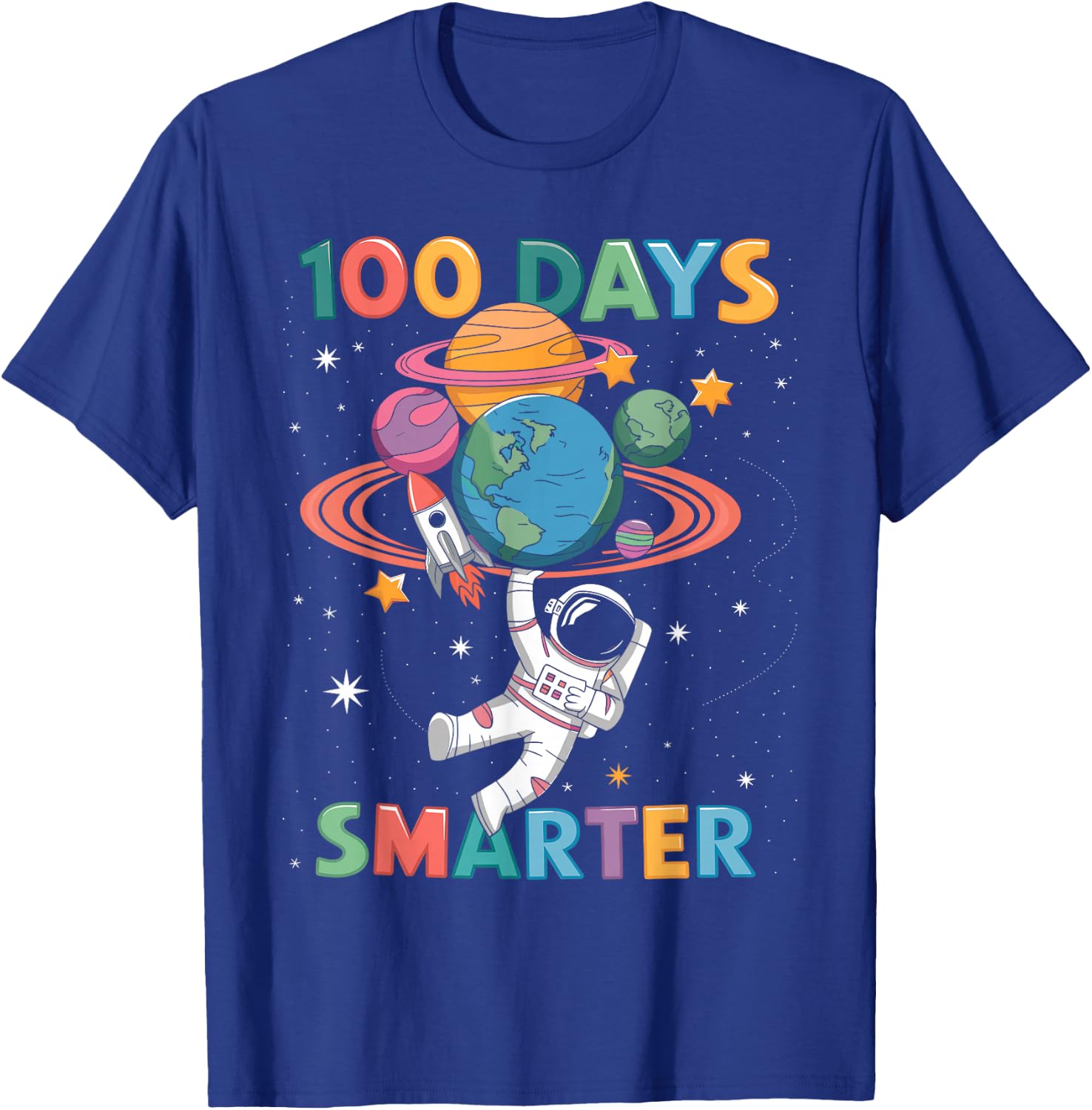 100 Days Smarter 100th Day of School Kids Astronaut Space T-Shirt - T-Shirt | Royal