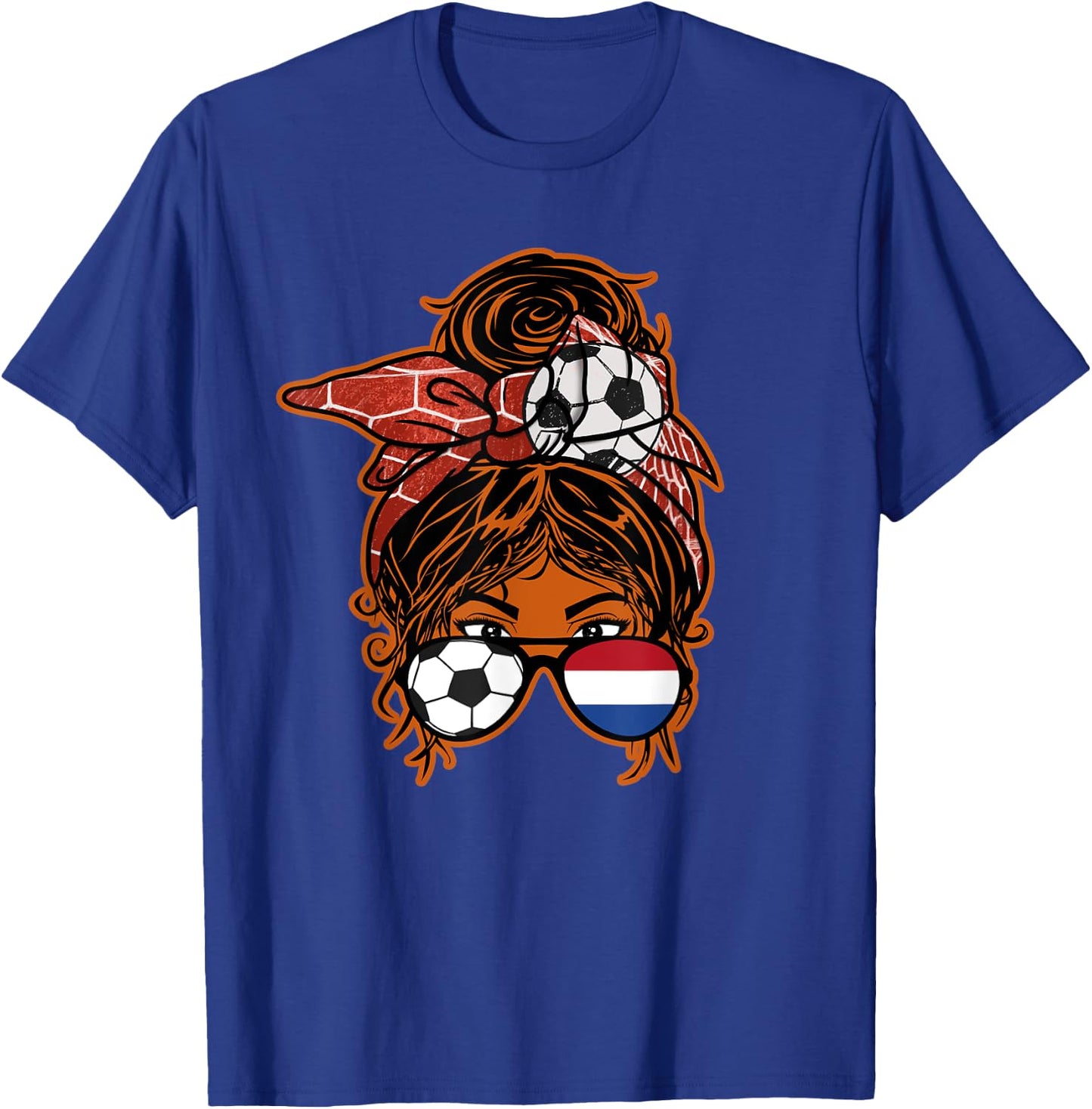 Messy Bun Hair Brown Skin Soccer Girl Netherlands Jersey T-Shirt - T-Shirt | Royal
