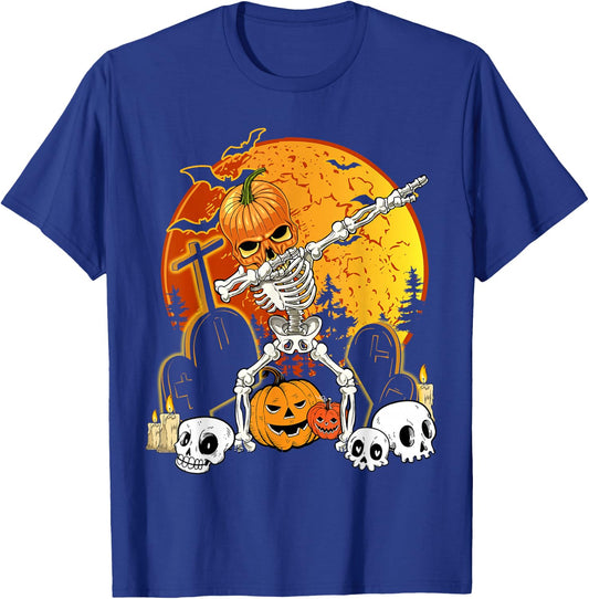 Skeleton Halloween Pumpkin Jack O' Lantern Boys Kid Dab T-Shirt - T-Shirt | Royal