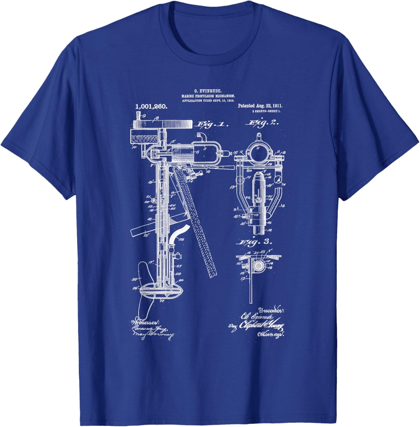 Vintage Patent Print 1911 Outboard Boat Motor Cool Blueprint T-Shirt - T-Shirt | Royal
