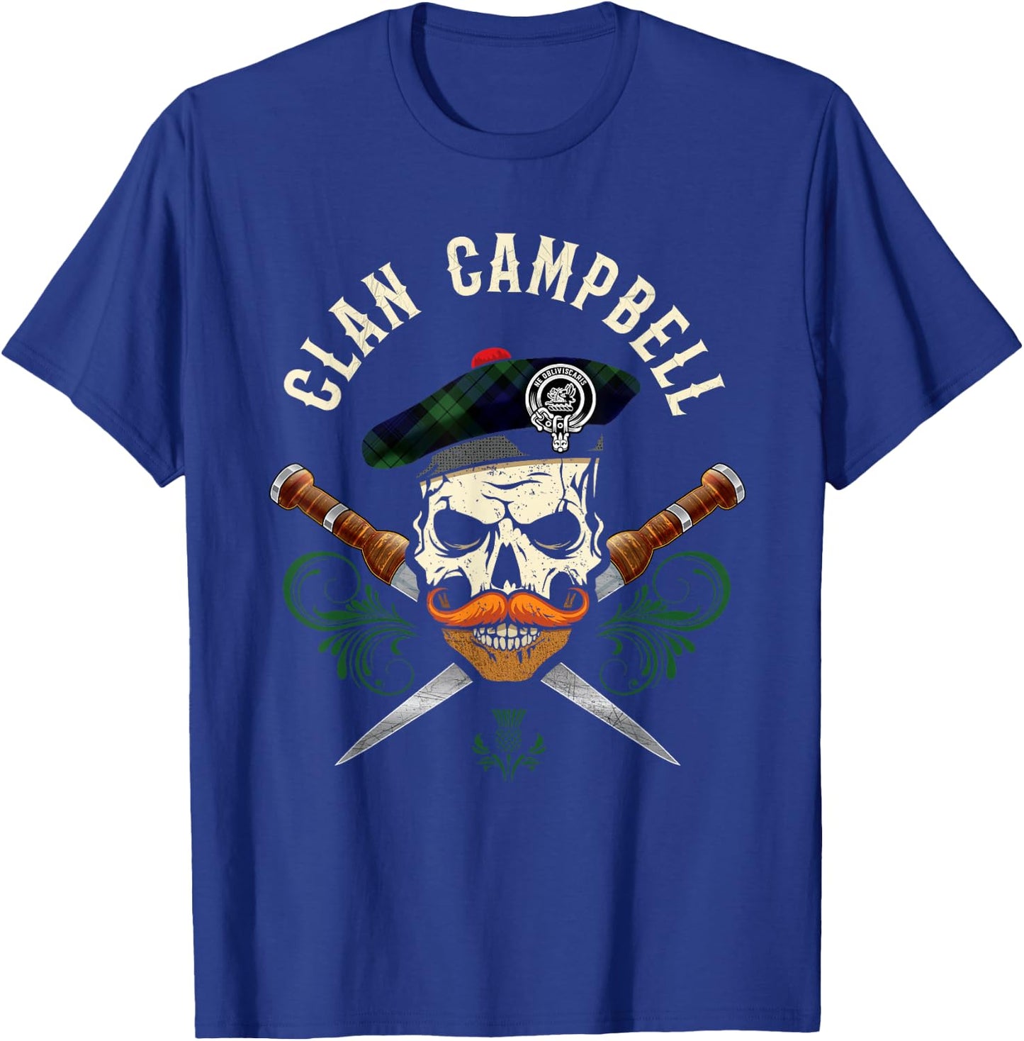 Campbell Surname Scottish Clan Skull Tam Dirks Tartan Badge T-Shirt - T-Shirt | Royal