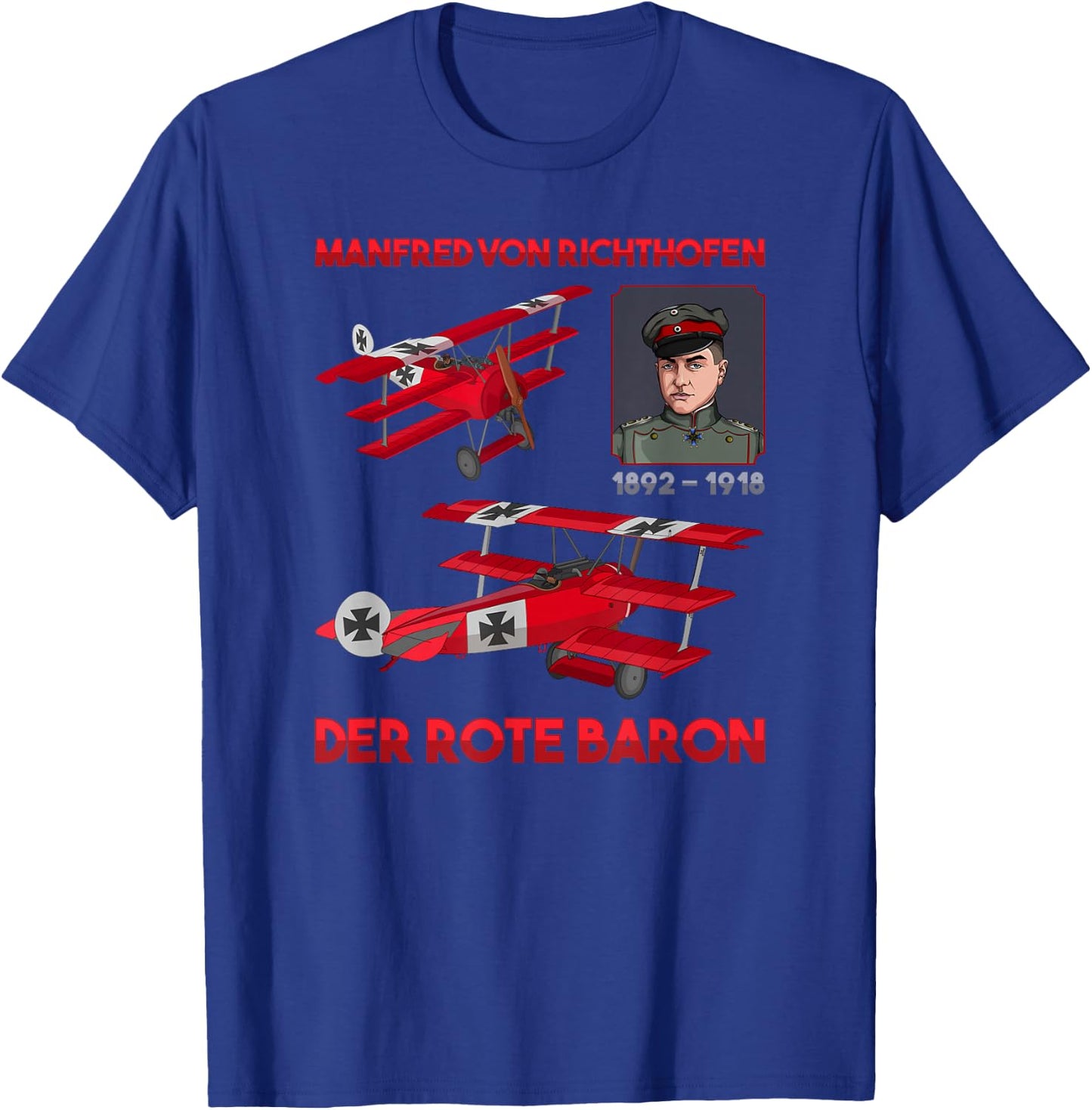 Red Baron Fokker DR1 Triplane WWI Fighter Ace Portrait T-Shirt - T-Shirt | Royal