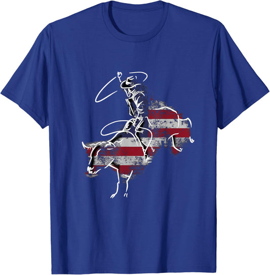 American Rodeo Bull Riding Retro Grunge USA Vintage Flag T-Shirt - T-Shirt | Royal