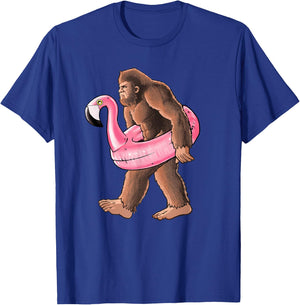 Bigfoot Carrying a Pink Flamingo Pool Floaty Summertime T-Shirt - T-Shirt | Royal