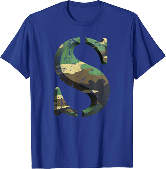 Capital Letter S Stencil Font Army Camo Woodland Camouflage T-Shirt - T-Shirt | Royal