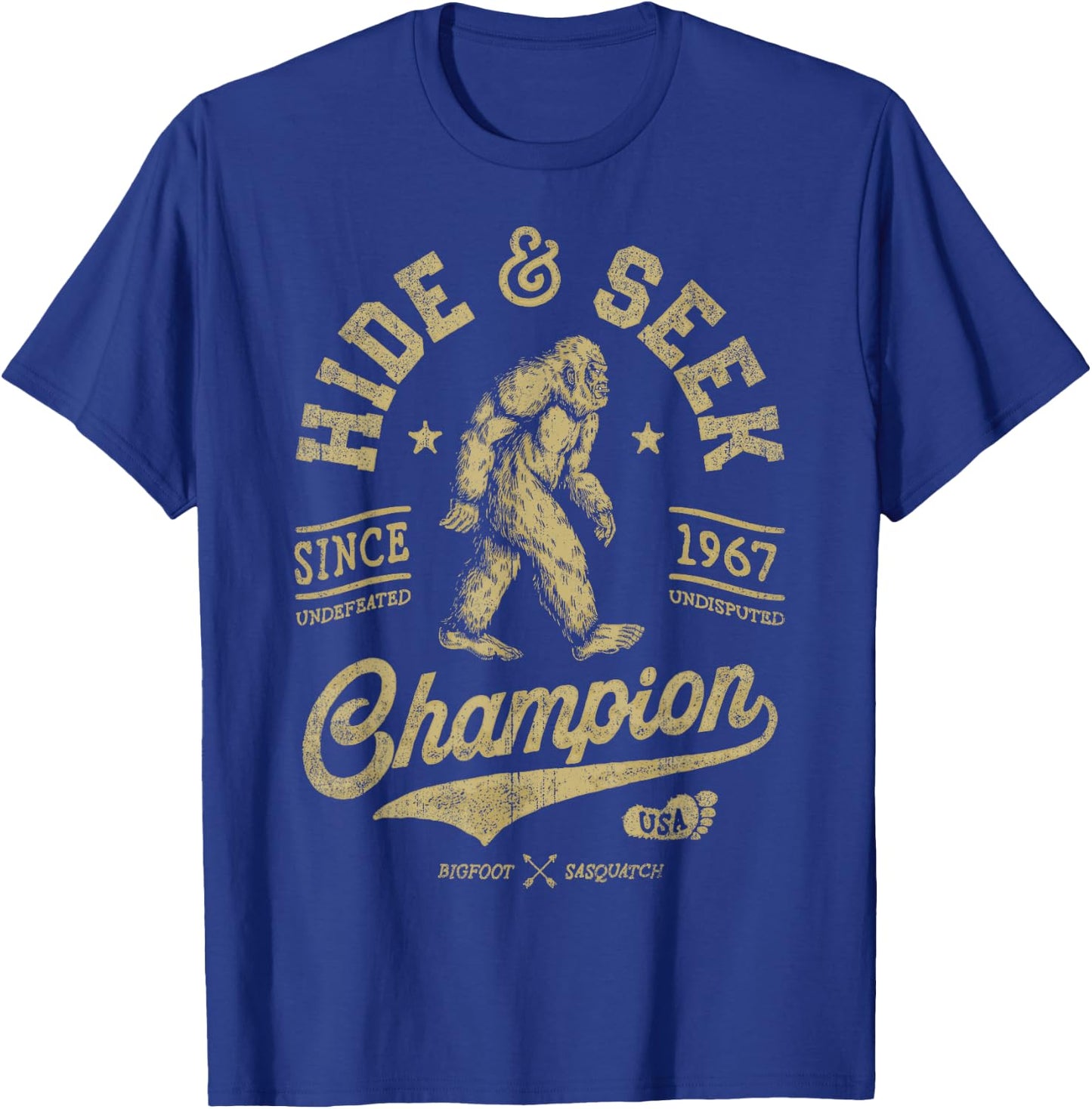 Squatchy Bigfoot Co Bigfoot Hide And Seek Champion Funny Sasquax Retro Vintage T-Shirt - T-Shirt | Royal