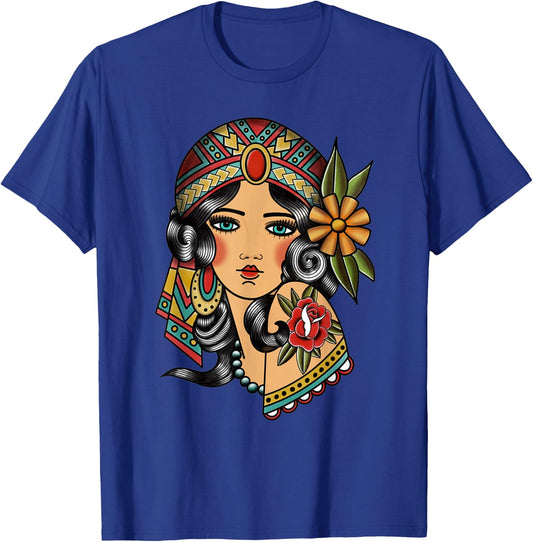 Gypsy Lady Head Fortune Teller American Traditional Tattoo Small T-Shirt - T-Shirt | Royal