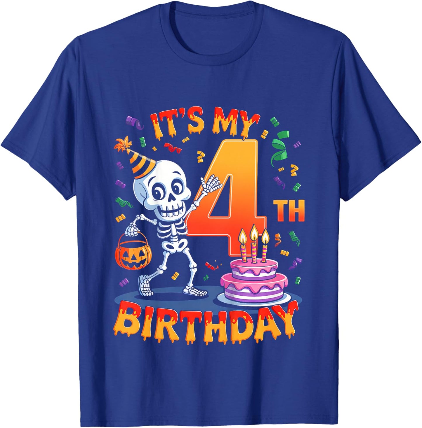 Kids Boo It's My 4th Birthday Halloween Skeleton 4 Years Old T-Shirt - T-Shirt | Royal