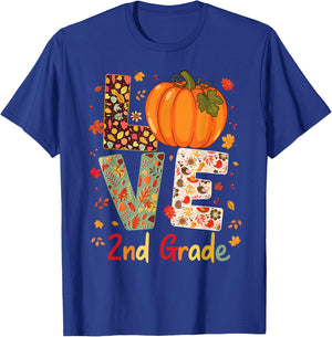 Love 2nd Grade Happy Fall Thanksgiving For 2nd Teacher Women Girls Kids T-Shirt - T-Shirt | Royal