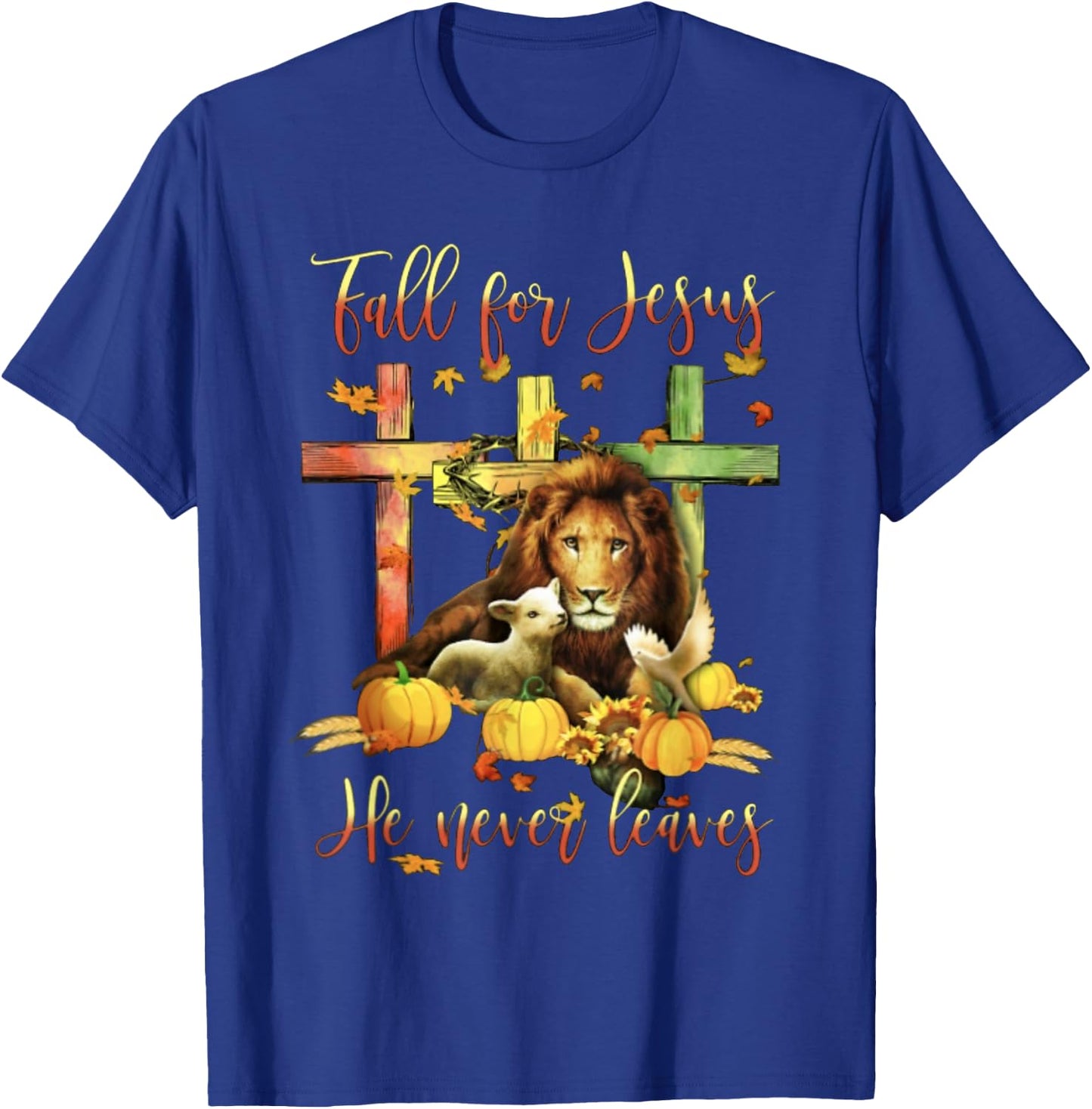 Fall For Jesus He Never Leaves Lion Autumn T-Shirt - T-Shirt | Royal
