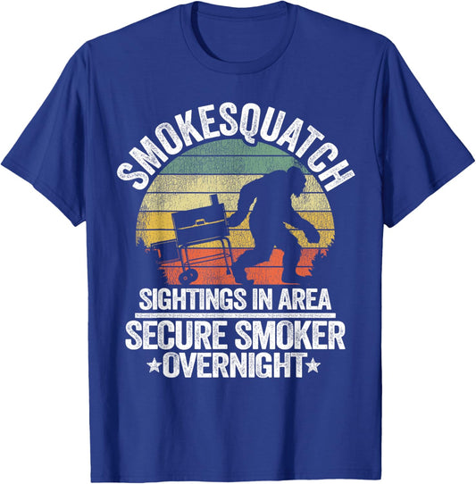 Smokesquatch Sasquatch Smoking Meat Grill Funny Bigfoot T-Shirt - T-Shirt | Royal