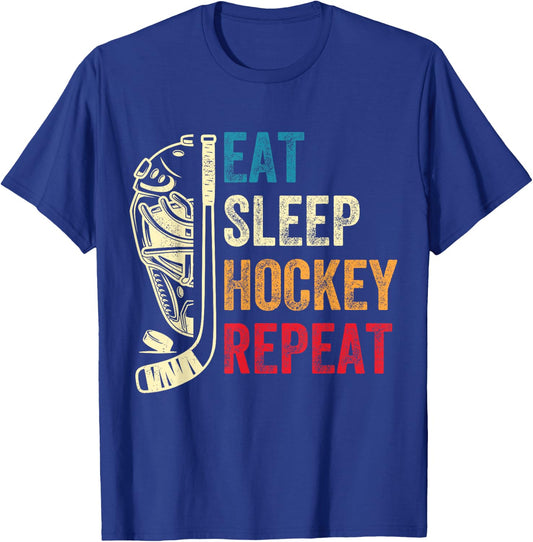 Eat Sleep Hockey Repeat Kids Adult Ice Hockey Retro Vintage T-Shirt - T-Shirt | Royal