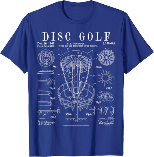 Disc Golf Frolf Frisbee Basket Vintage Patent Drawing Print T-Shirt - T-Shirt | Royal