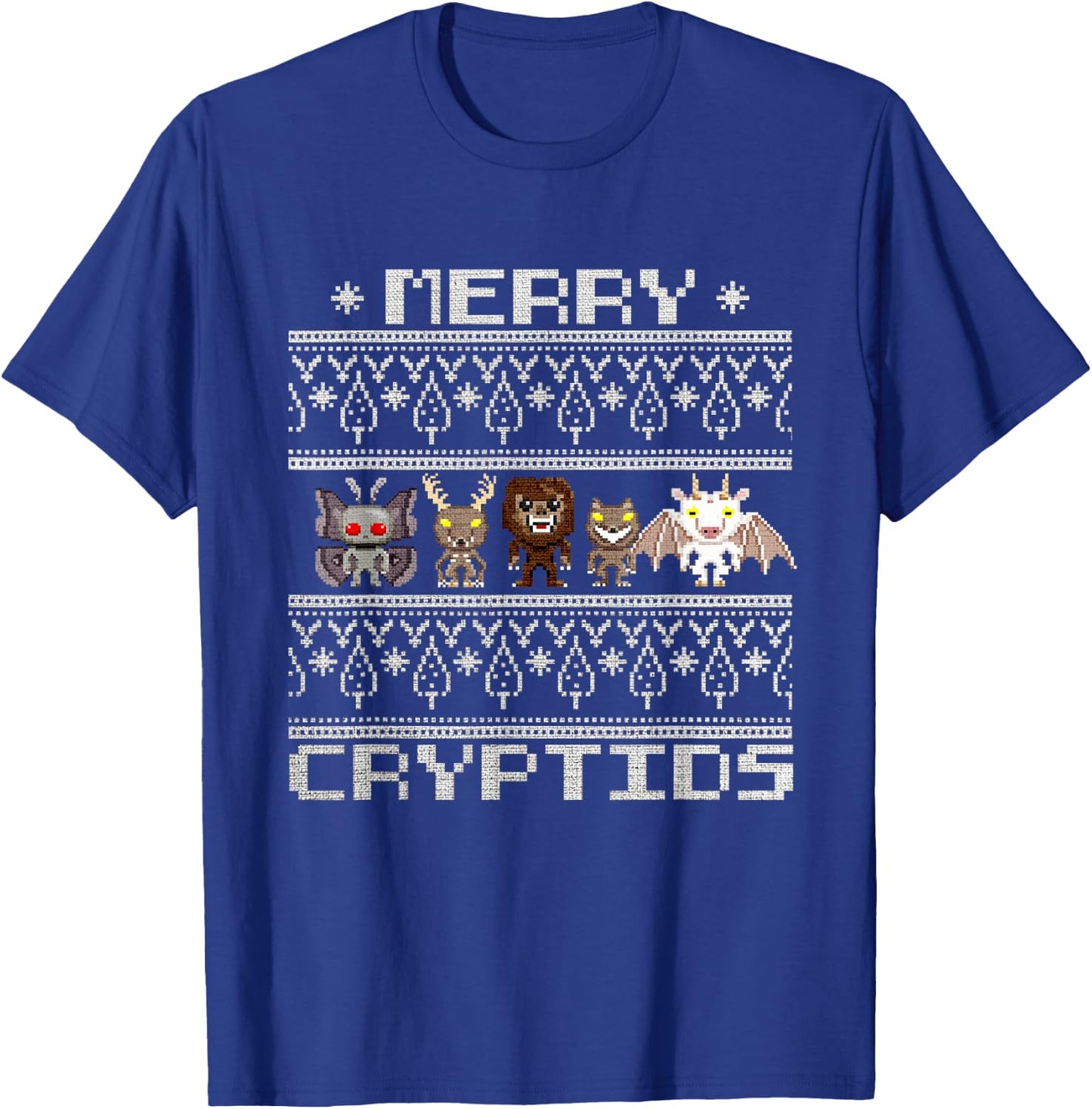 Merry Cryptids - Ugly Christmas Bigfoot, Mothman, Wendigo T-Shirt - T-Shirt | Royal