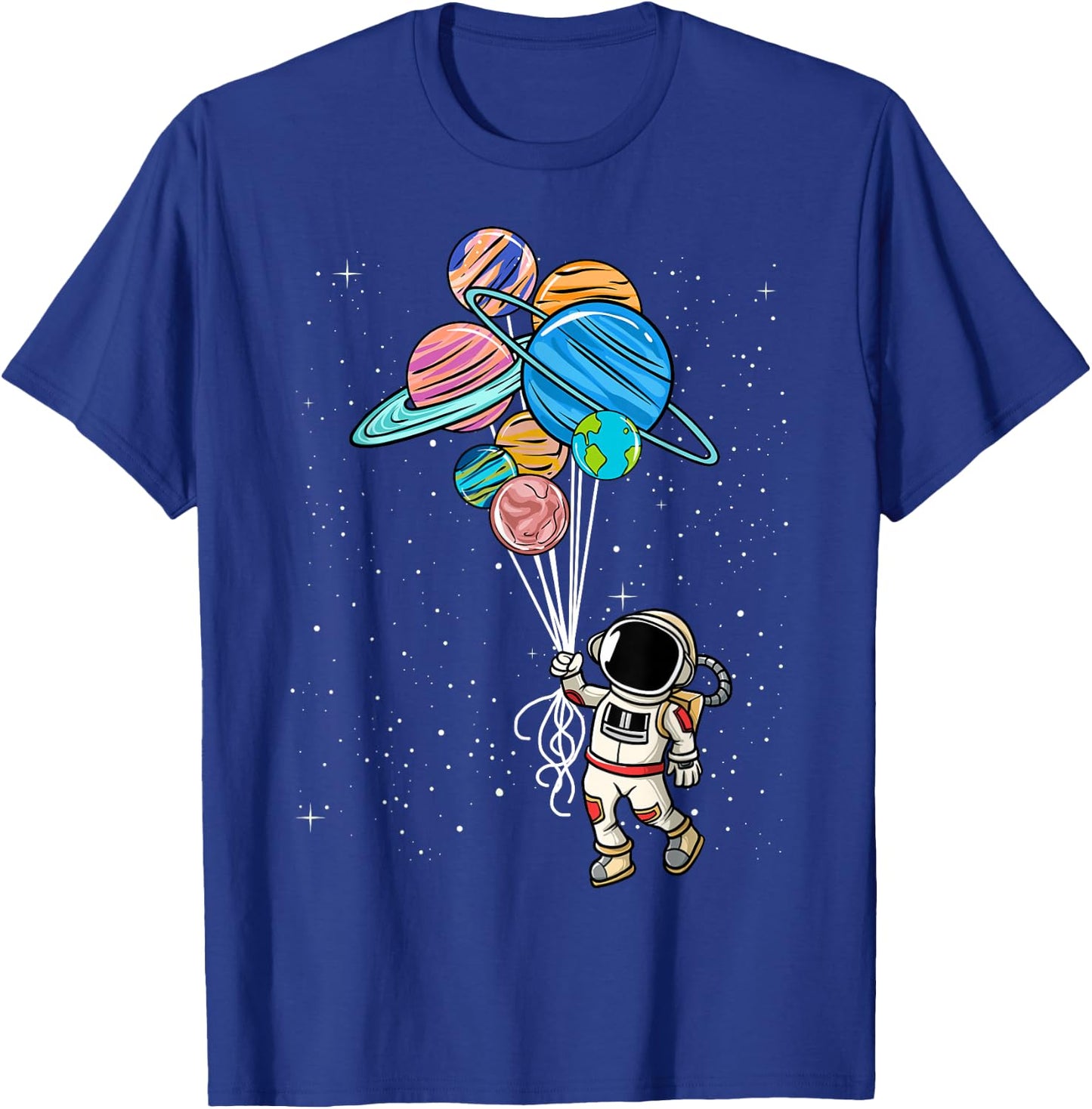 Astronaut Holding Planet Balloons BoysGirls STEM Kids T-Shirt - T-Shirt | Royal