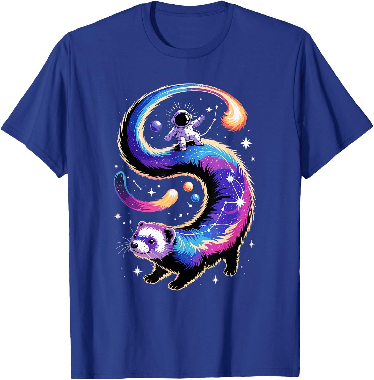 Astronaut Rides Ferret Space Stars Comets Galaxy Planets T-Shirt - T-Shirt | Royal