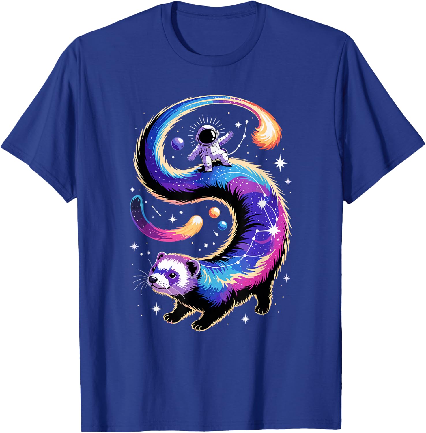 Astronaut Rides Ferret Space Stars Comets Galaxy Planets T-Shirt - T-Shirt | Royal
