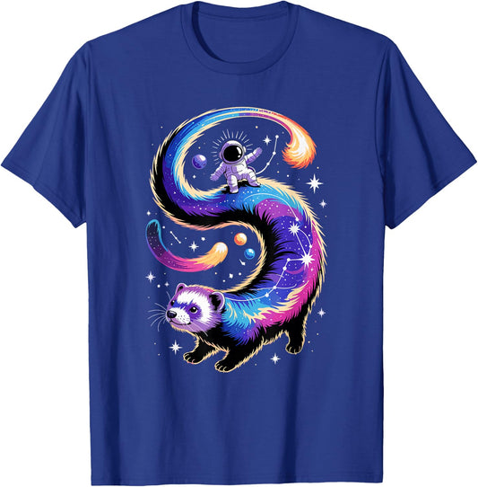 Astronaut Rides Ferret Space Stars Comets Galaxy Planets T-Shirt - T-Shirt | Royal