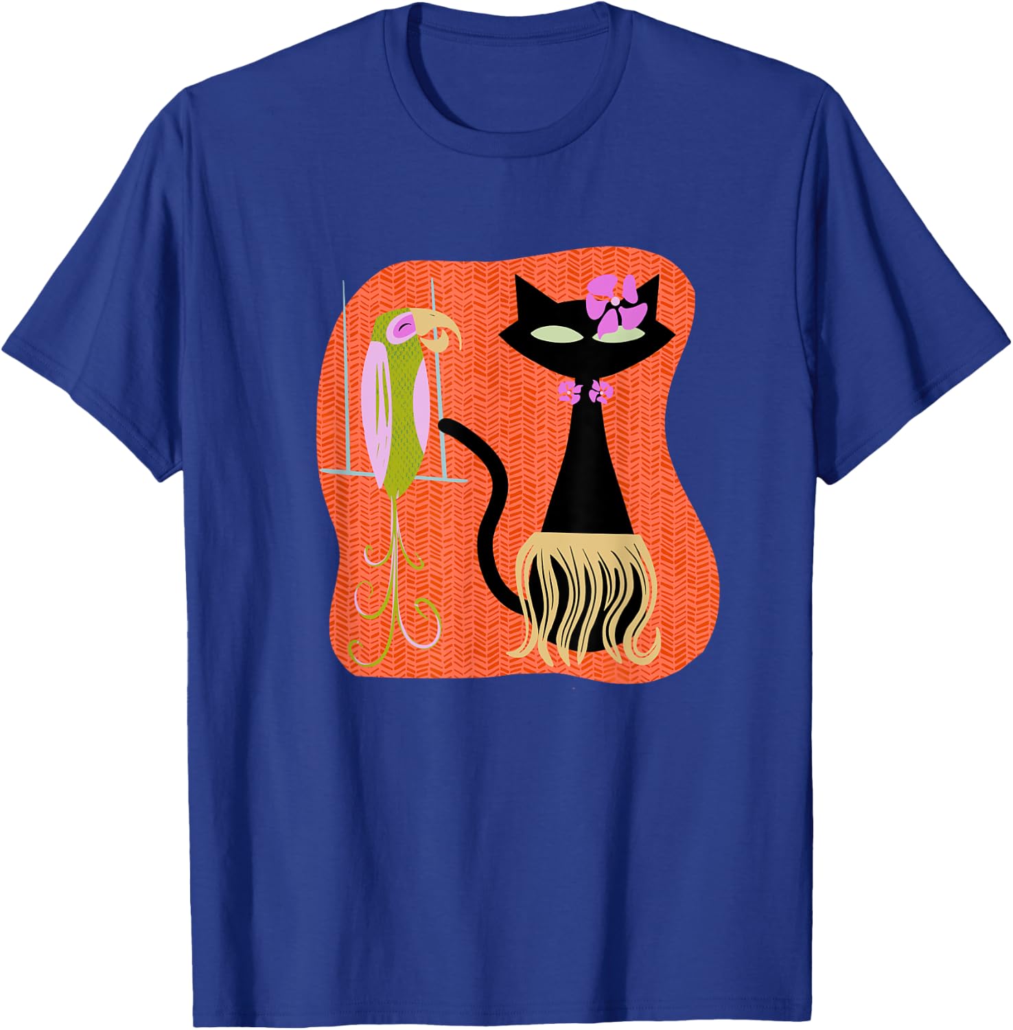Hawaiian Hula Cat with Tropical Tiki Bird and Hibiscus Flowe T-Shirt - T-Shirt | Royal