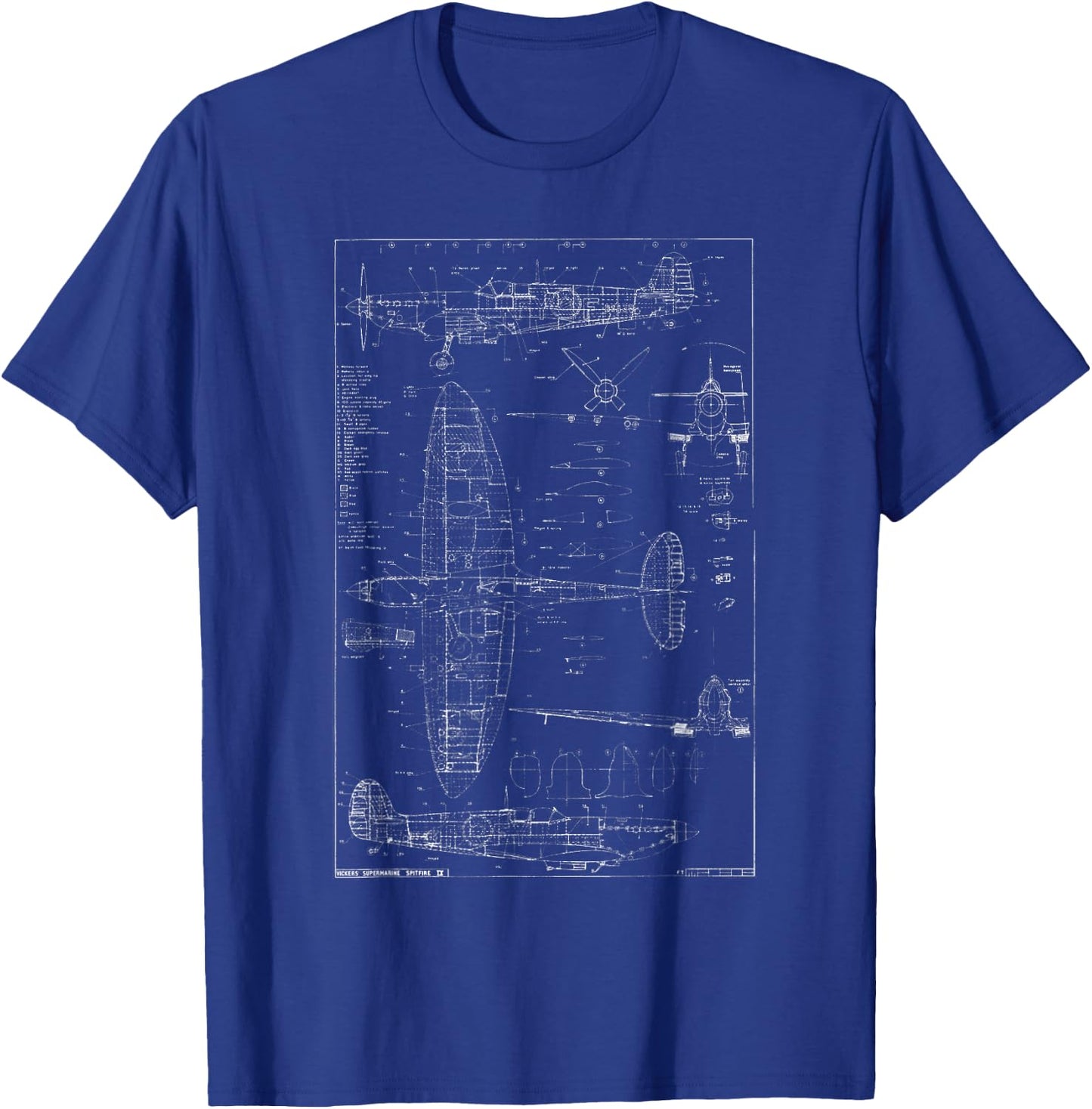 Spitfire IX WWII Blueprint Series Fighter Airplane T-Shirt - T-Shirt | Royal