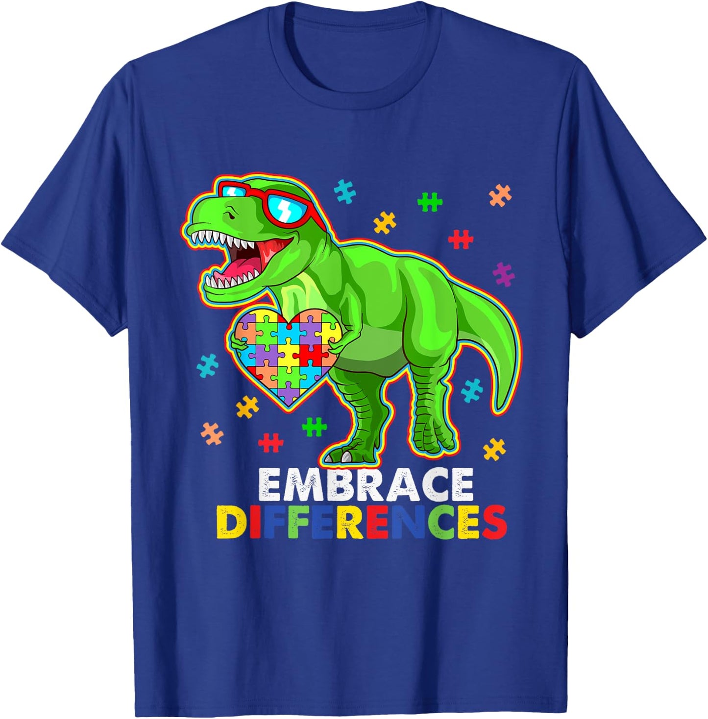 Embrace Differences- Autism Awareness Dinosaur Puzzle Piece T-Shirt - T-Shirt | Royal
