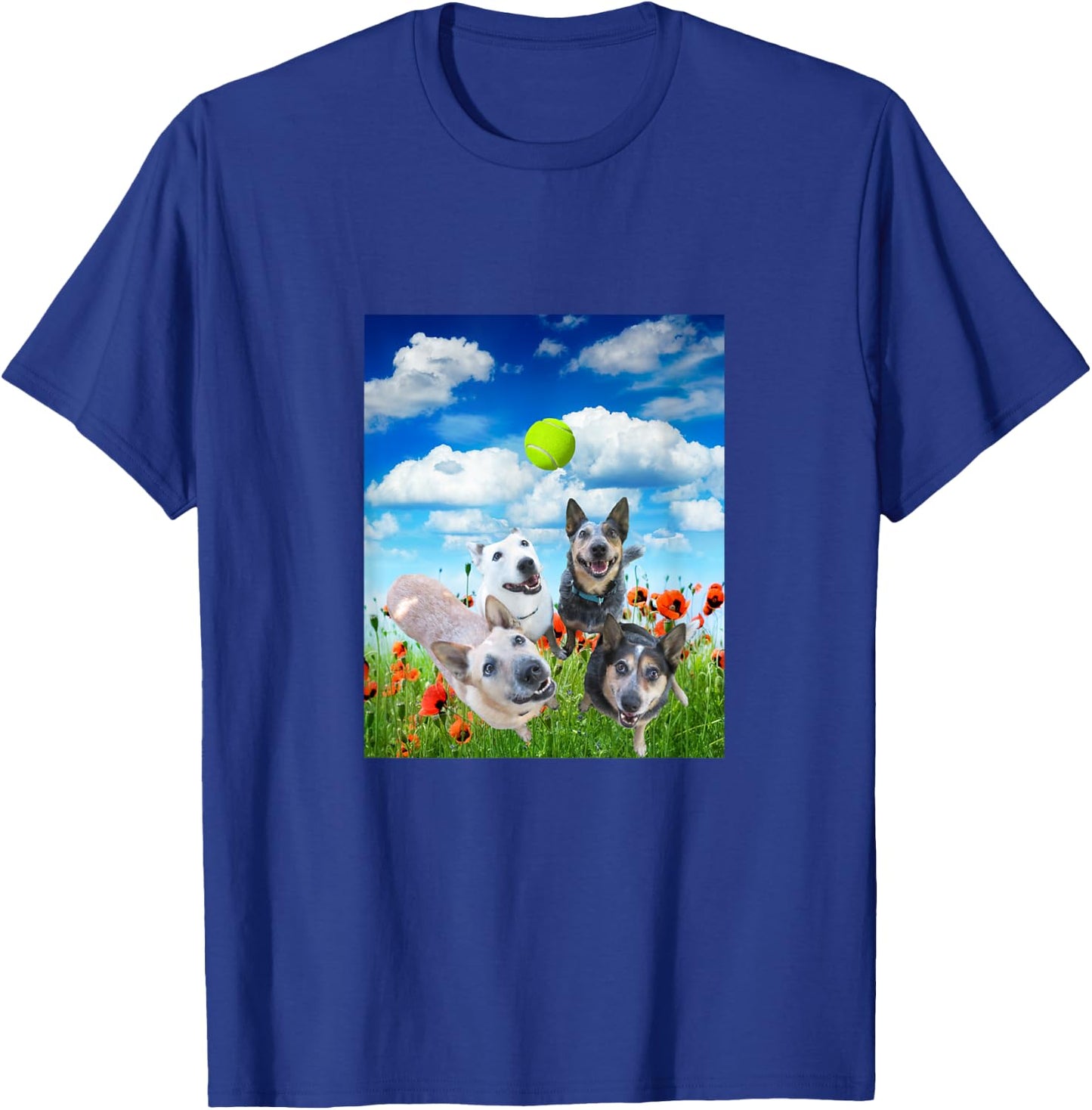 Blue Red White Heeler Cattle Dogs Playing Ball T-Shirt - T-Shirt | Royal