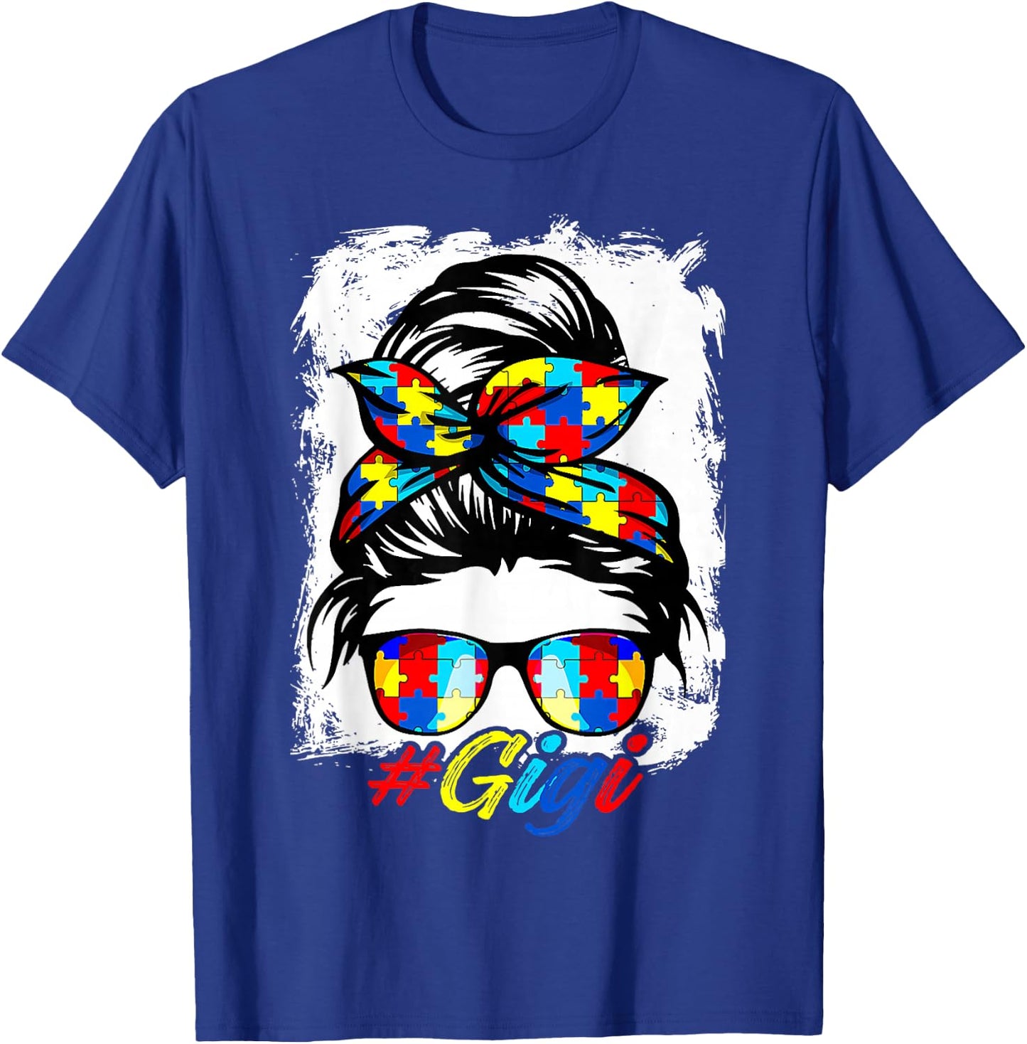 Messy Bun Bandana Gigi Ladies Girls Women Autism Awareness T-Shirt - T-Shirt | Royal