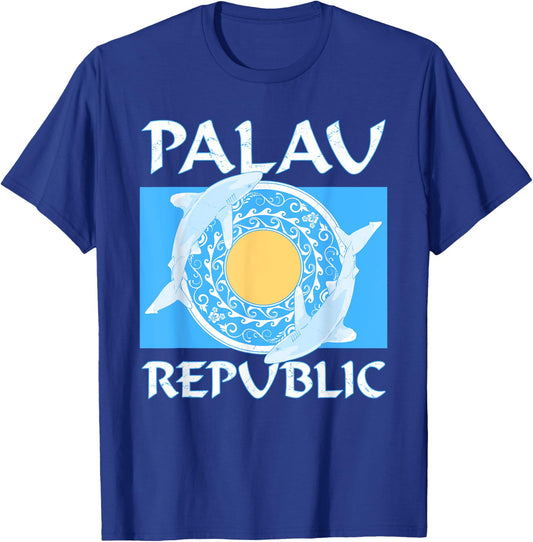 Oceanic Whitetip Sharks on Palauan Flag of Palau T-Shirt - T-Shirt | Royal