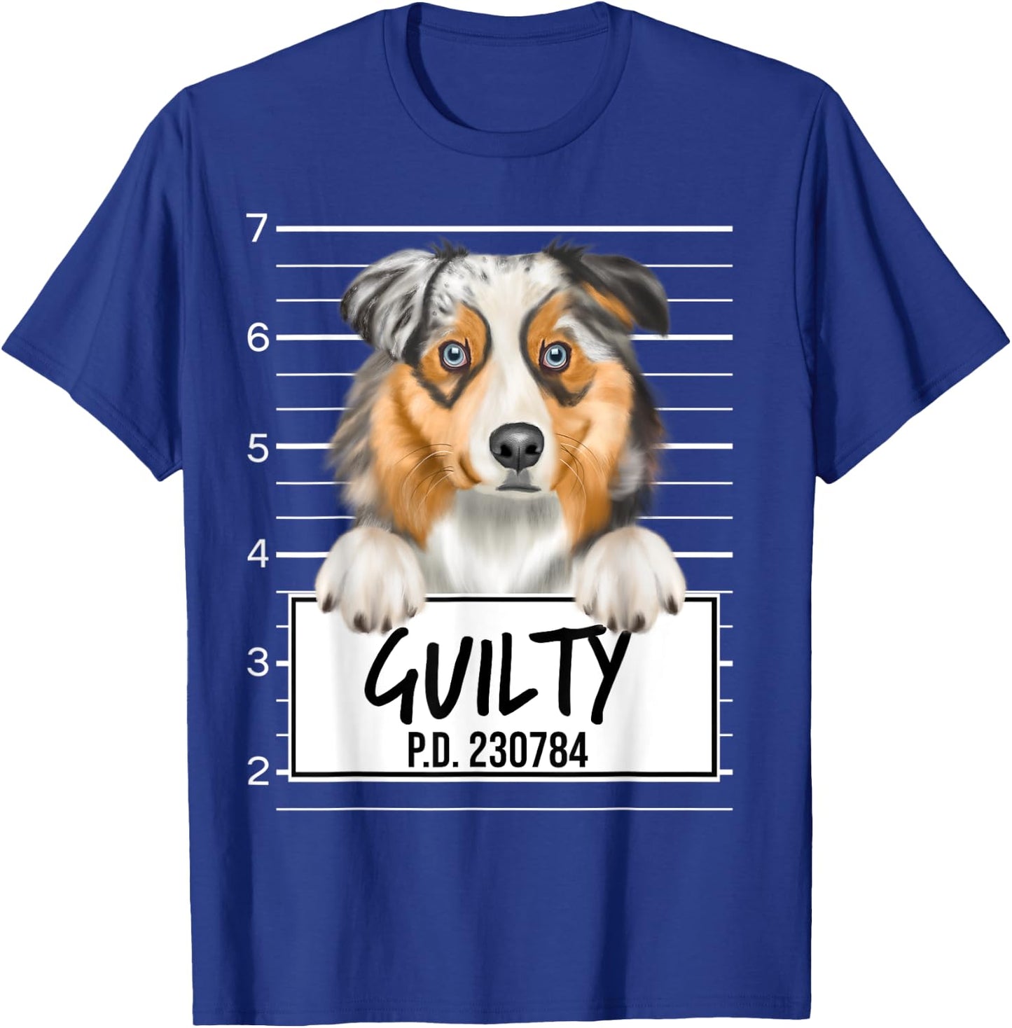 Funny Australian Shepherd Mugshot Guilty Dog Men Women Kids T-Shirt - T-Shirt | Royal