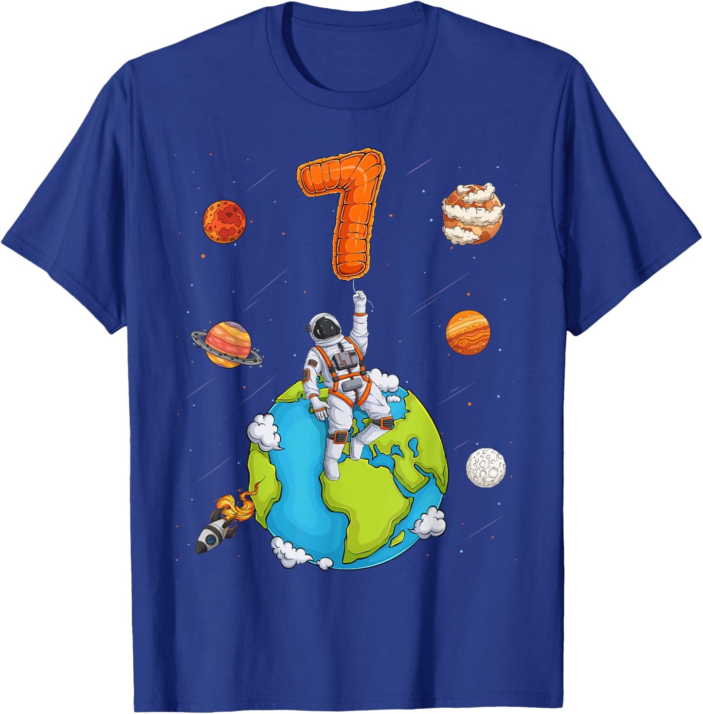 Astronaut Planets Space 7 Seven Years Old 7th Birthday Boys T-Shirt - T-Shirt | Royal