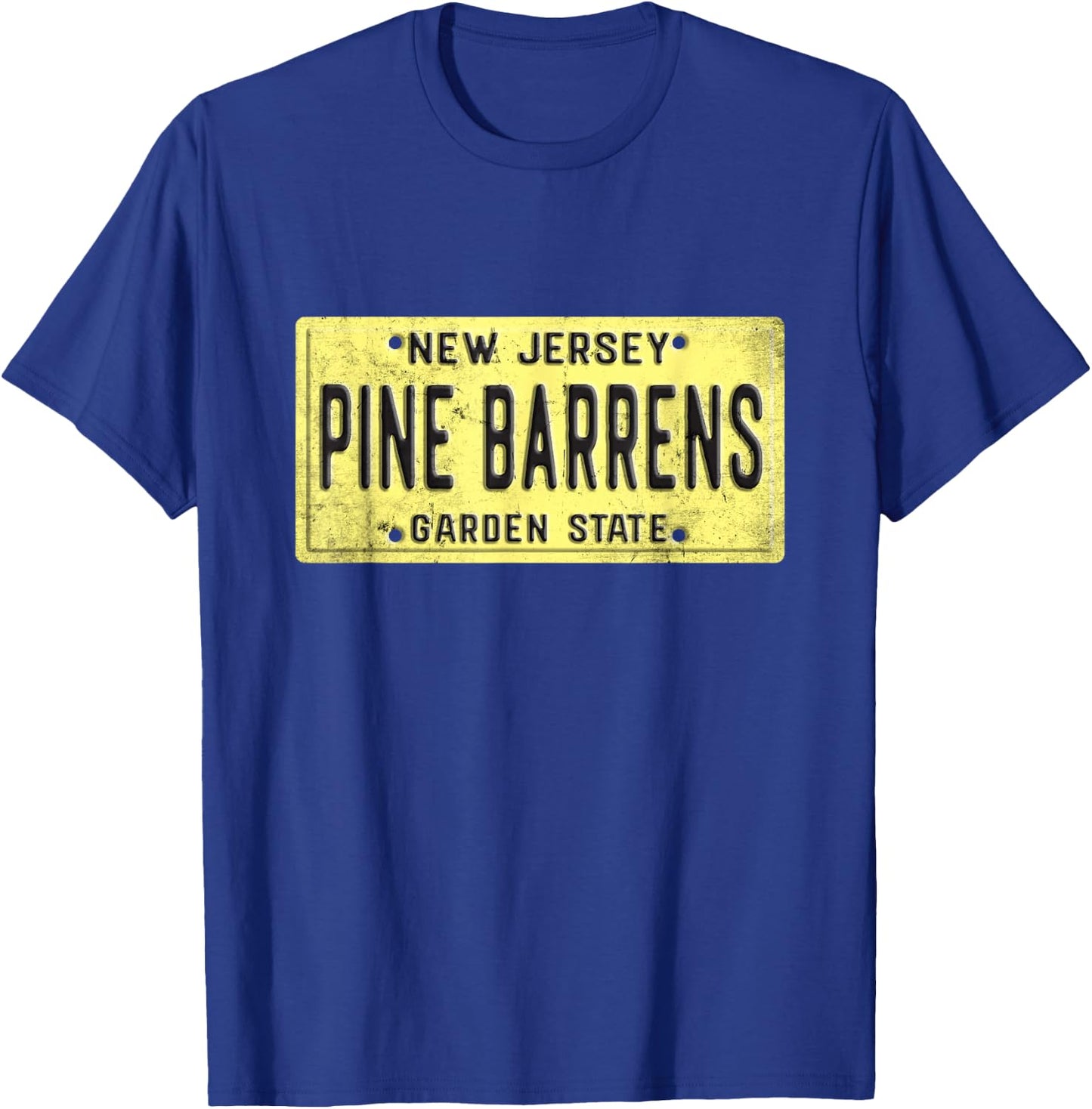 Pine Barrens New Jersey Retro Distressed NJ License Plate T-Shirt - T-Shirt | Royal