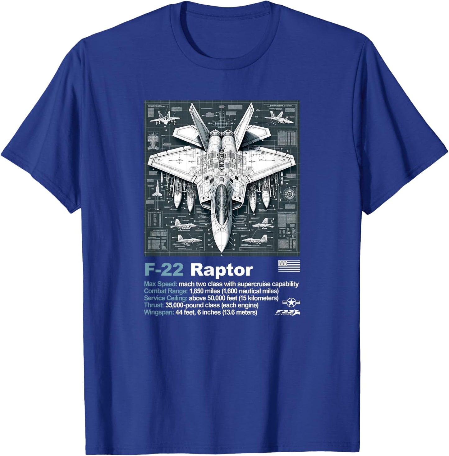 F-22 Raptor Blueprint Technical Schematic - Aviation Art T-Shirt - T-Shirt | Royal