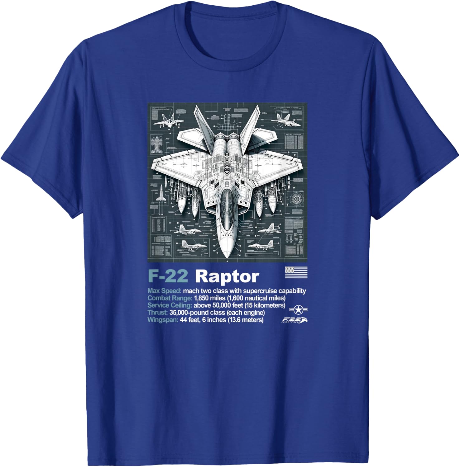 F-22 Raptor Blueprint Technical Schematic - Aviation Art T-Shirt - T-Shirt | Royal