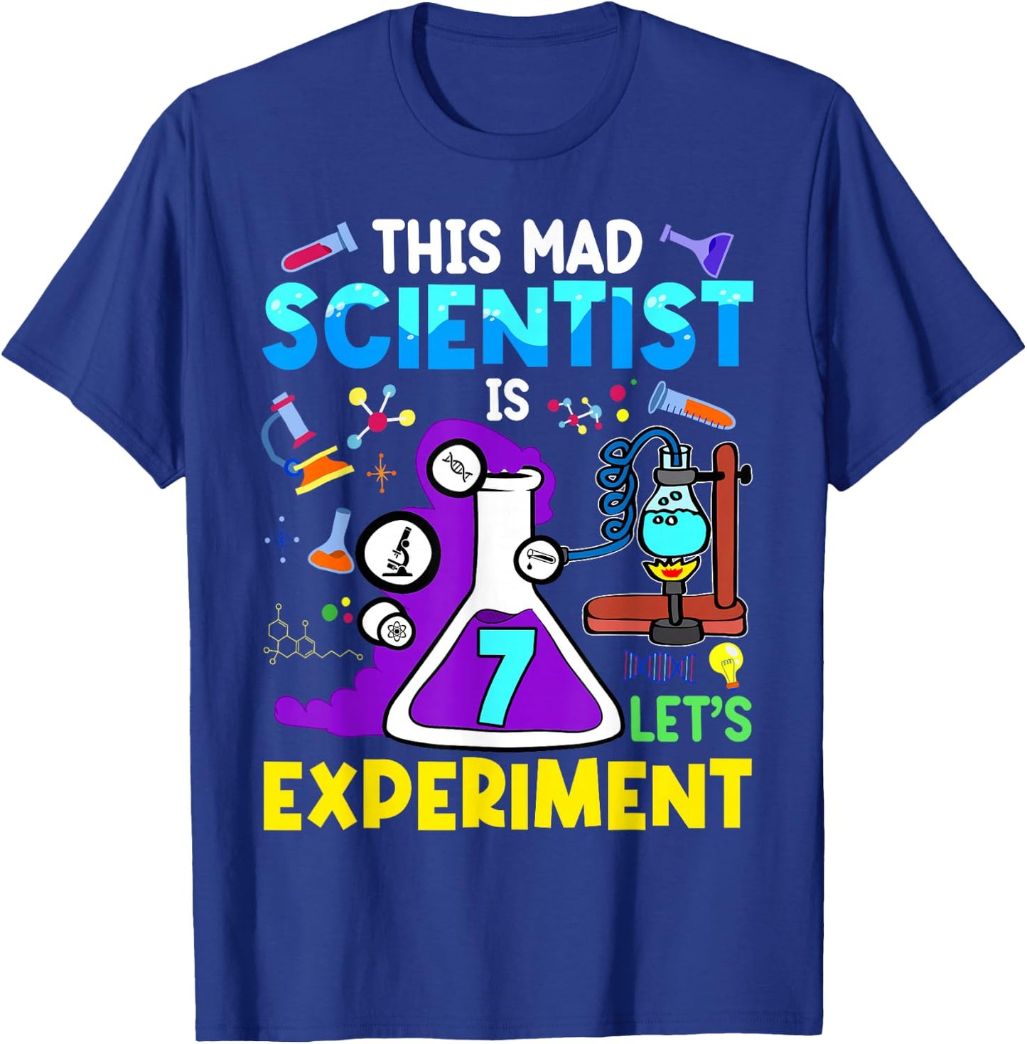 7 Year Old Science Theme Party 7th Birthday Let's Experiment T-Shirt - T-Shirt | Royal