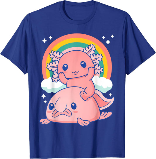 Cute Kawaii Pink Axolotl Riding a Blob Fish T-Shirt - T-Shirt | Royal