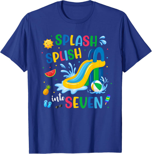 Splash Into Seven Year Old 7th Birthday Summer Pool Party T-Shirt - T-Shirt | Royal