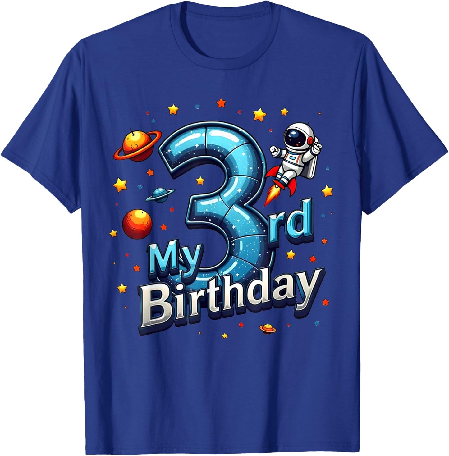 3 Years Old Birthday Boy Kids Astronaut 3rd Bday Space Party T-Shirt - T-Shirt | Royal