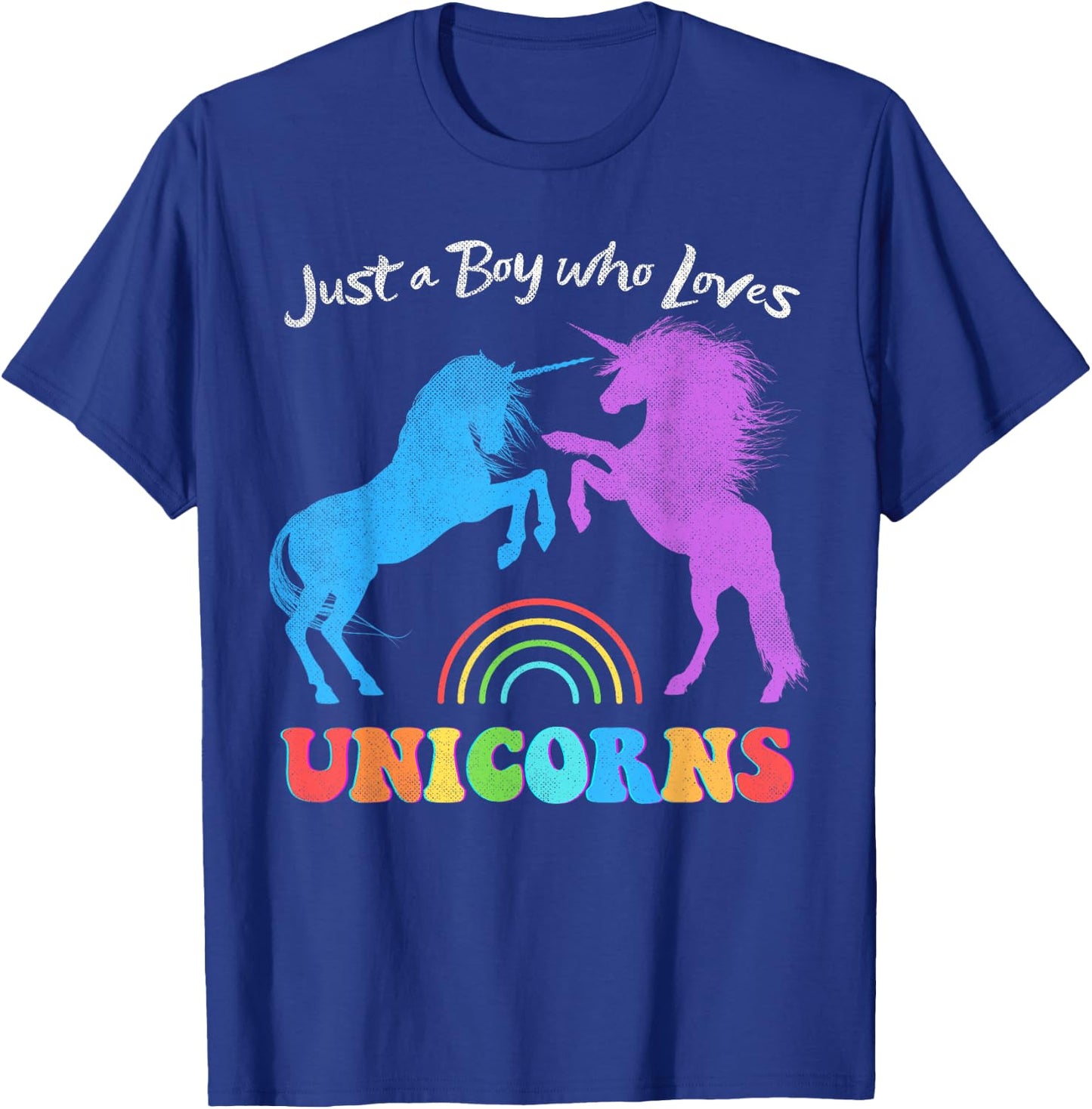 Funny Just a Boy who Loves Unicorns Retro Rainbow Distressed T-Shirt - T-Shirt | Royal