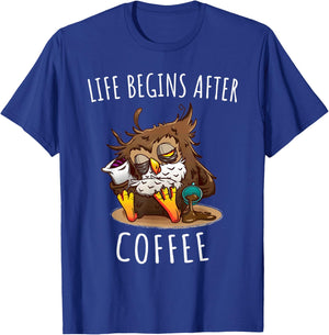 Life Begins After Coffee Caffeine Owl Lover T-Shirt - T-Shirt | Royal