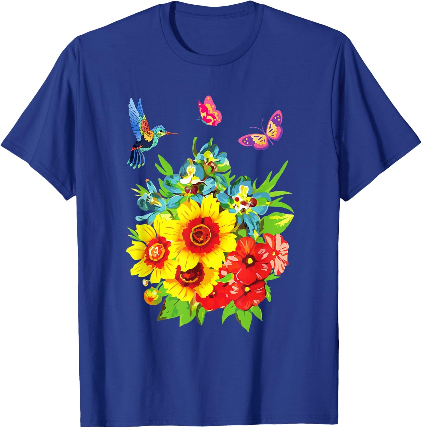 Hummingbird Flower Butterfly Design T-Shirt - T-Shirt | Royal