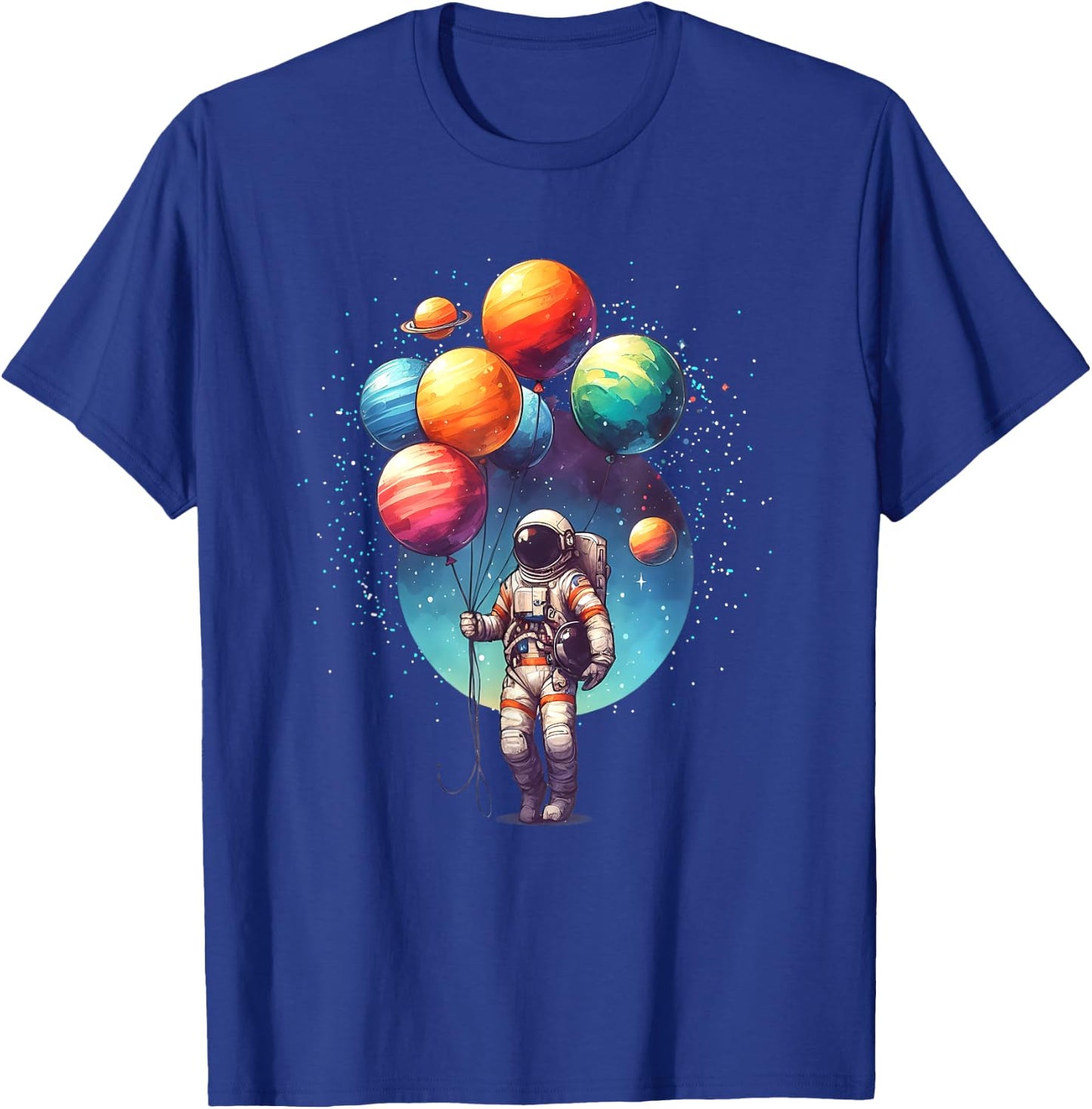 Astronaut Holding Planet Balloons Boy Girl Kids STEM T-Shirt - T-Shirt | Royal